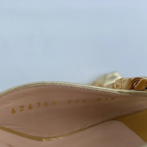 Gucci Gold Metallic Leather Chain link square toe strapy heels 37.5 - Picture 8 of 12